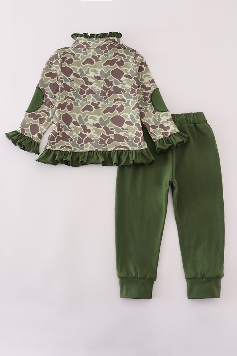 Girls Camo Ruffle Hoodie Set – Hunting Dog Fall Outfit - Blue Marc