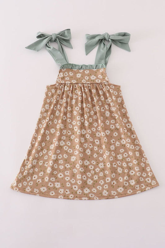 Girls Daisy Print Bow Strap Dress – Tan & Sage Green - Blue Marc