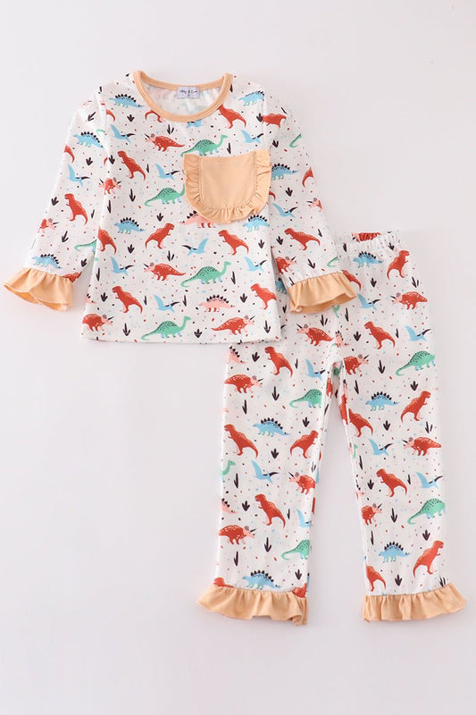 🦕 Girls' Dinosaur Pajama Set – Cute & Comfy Sleepwear with Ruffle Trim - Blue Marc