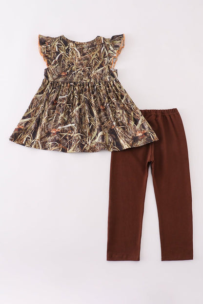 Girls Fall Camo Outfit – Ruffle Sleeve Top & Brown Leggings - Blue Marc