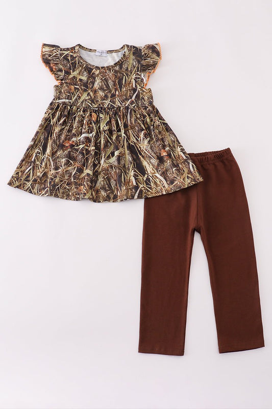 Girls Fall Camo Outfit – Ruffle Sleeve Top & Brown Leggings - Blue Marc