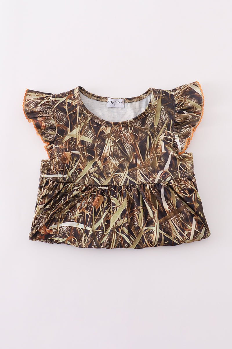 Girls Fall Camo Outfit – Ruffle Sleeve Top & Brown Leggings - Blue Marc