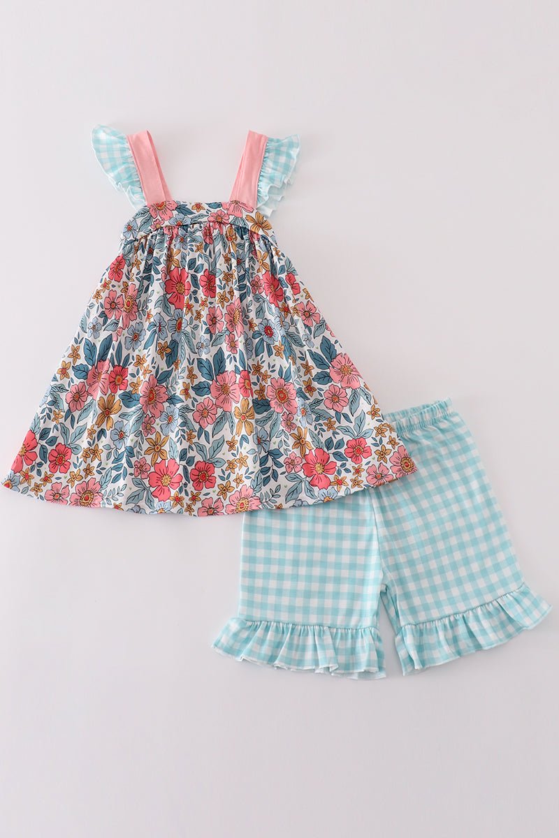 Girls' Floral and Gingham Ruffle Outfit – Charming and Playful Summer Set - Blue Marc