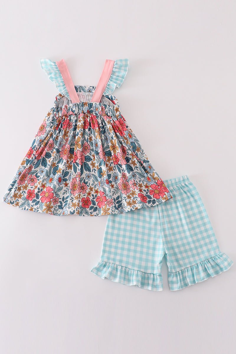 Girls' Floral and Gingham Ruffle Outfit – Charming and Playful Summer Set - Blue Marc