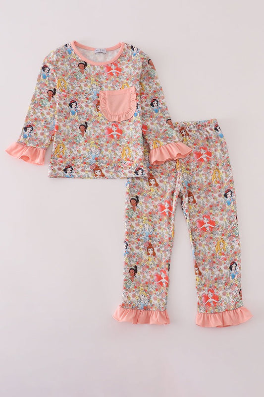 Girls Floral Ruffle Pajama Set – Long Sleeve with Pocket - Blue Marc