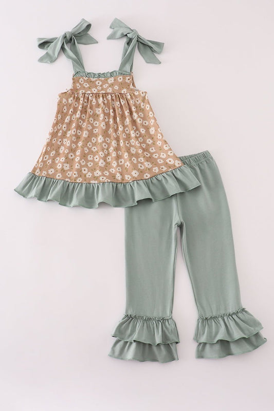 Girls Floral Ruffle Pants Set – Sage Green & Tan Daisies - Blue Marc