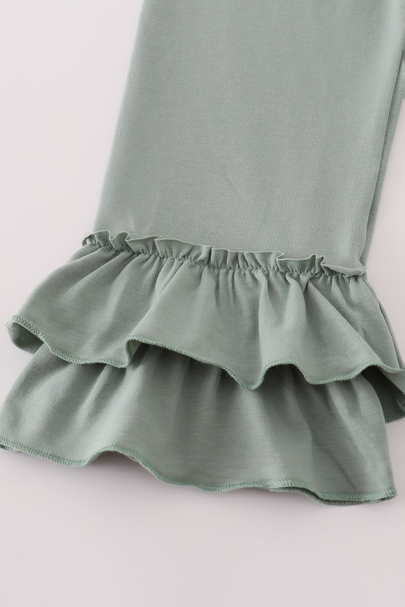 Girls Floral Ruffle Pants Set – Sage Green & Tan Daisies - Blue Marc