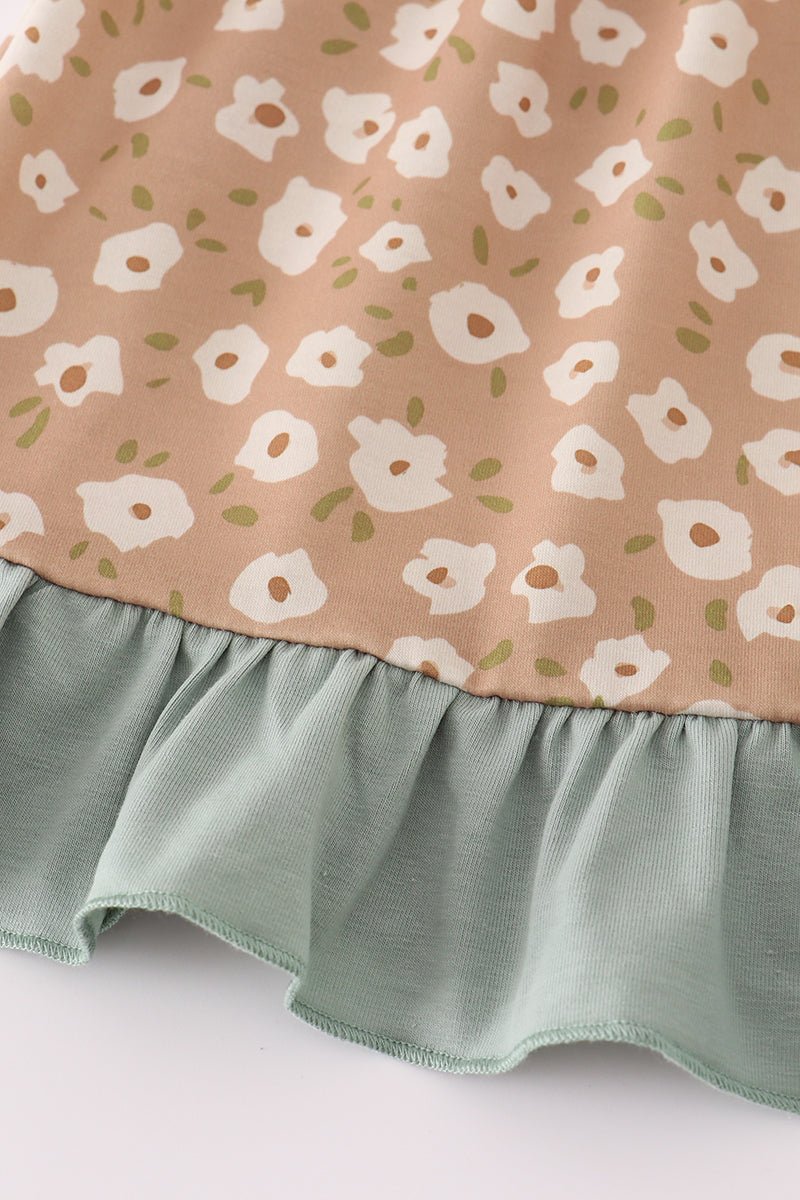 Girls Floral Ruffle Pants Set – Sage Green & Tan Daisies - Blue Marc