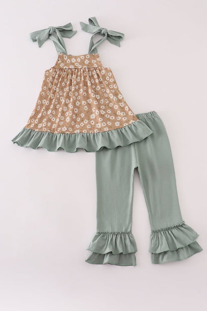 Girls Floral Ruffle Pants Set – Sage Green & Tan Daisies - Blue Marc
