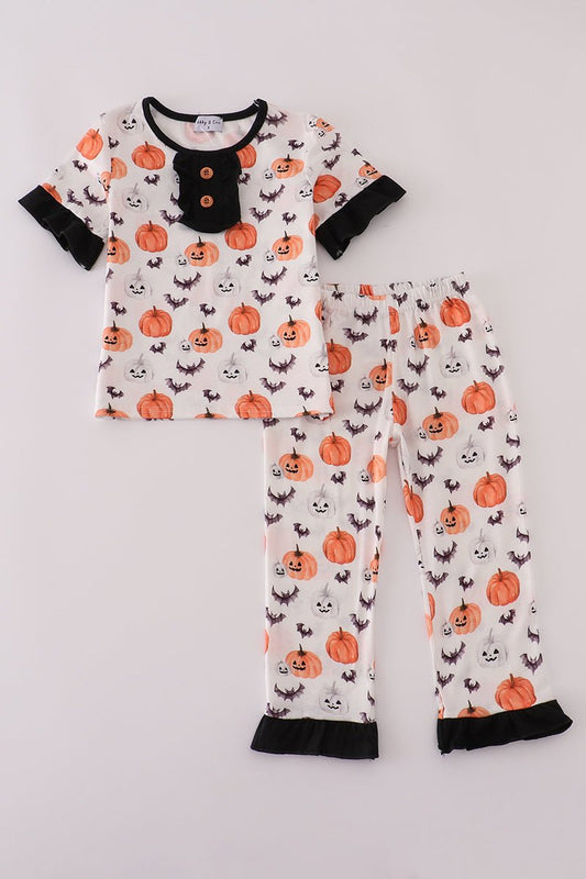 Girls Halloween Pajama Set – Pumpkin & Bat Print Sleepwear - Blue Marc