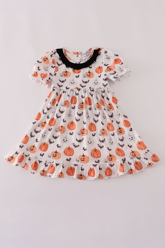 Girls Halloween Pumpkin Dress with Black Collar - Blue Marc