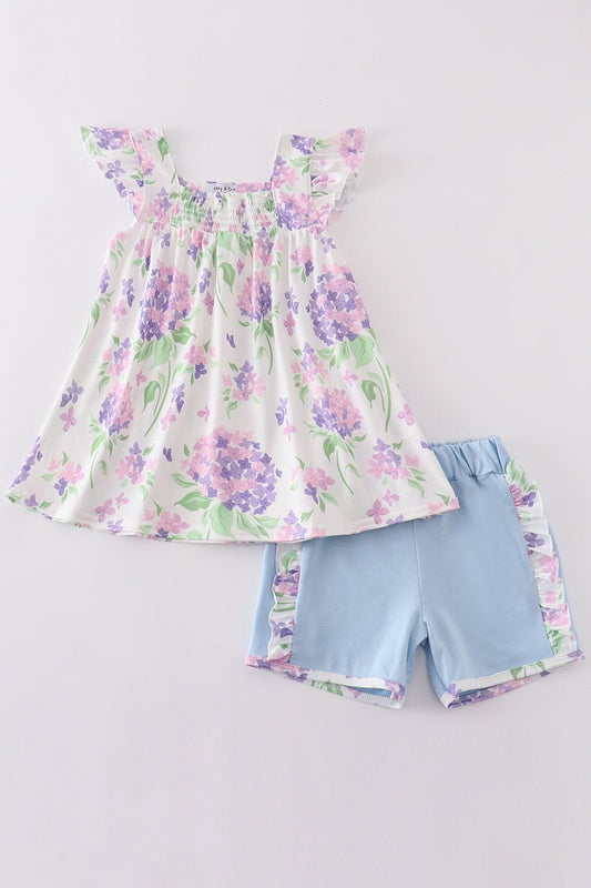 Girls' Hydrangea Ruffle Top and Shorts Set – A Fresh Bloom for Summer - Blue Marc