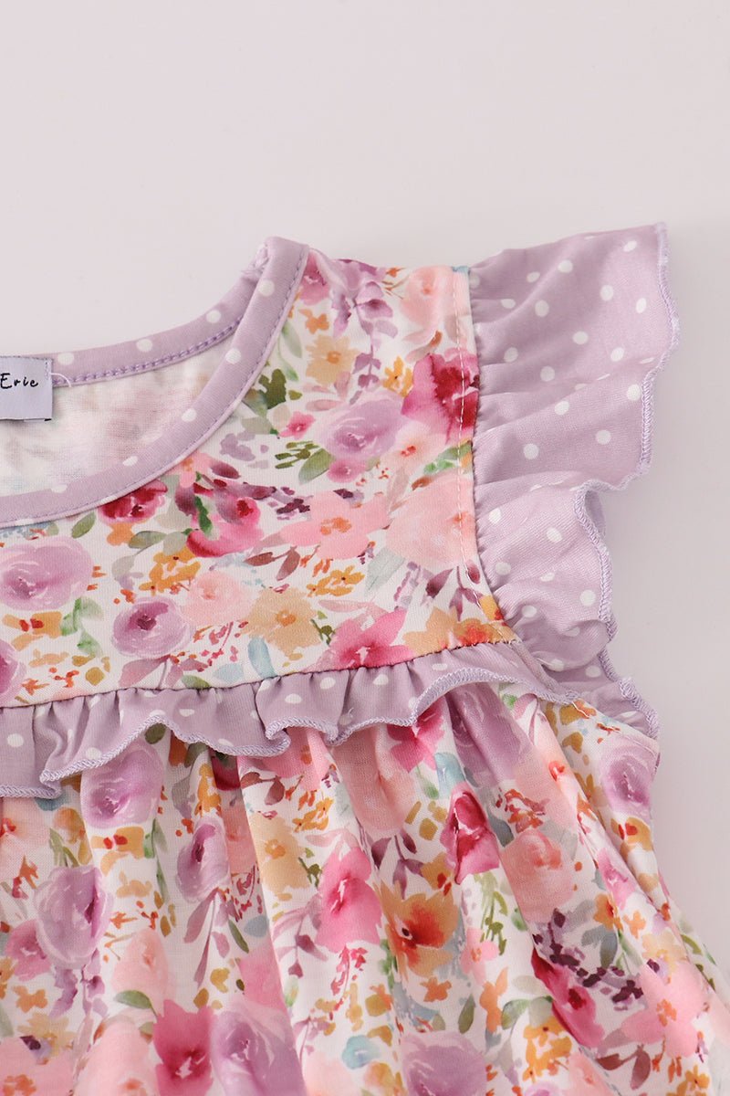 Girls Lavender Polka Dot Leggings & Floral Ruffle Top Set - Blue Marc