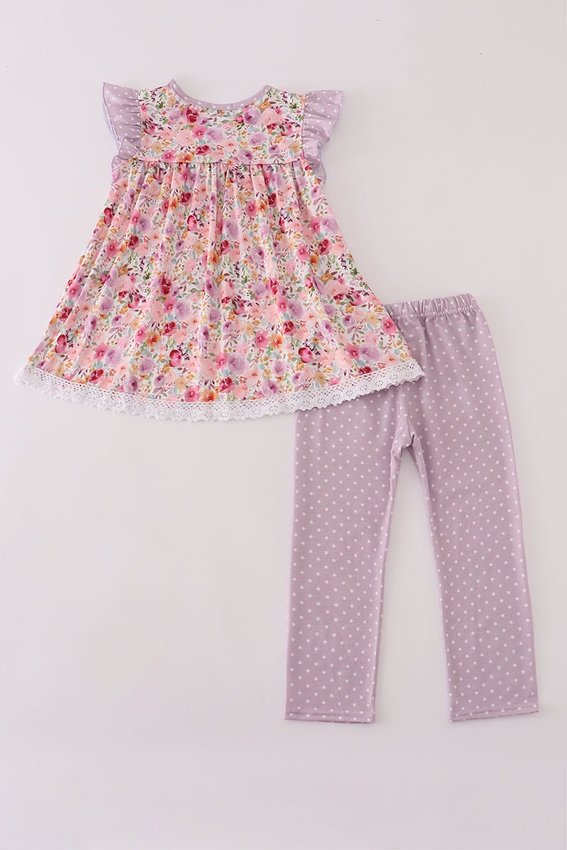 Girls Lavender Polka Dot Leggings & Floral Ruffle Top Set - Blue Marc