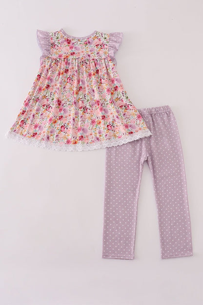 Girls Lavender Polka Dot Leggings & Floral Ruffle Top Set - Blue Marc