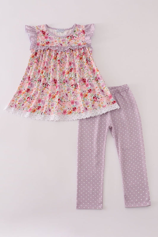 Girls Lavender Polka Dot Leggings & Floral Ruffle Top Set - Blue Marc