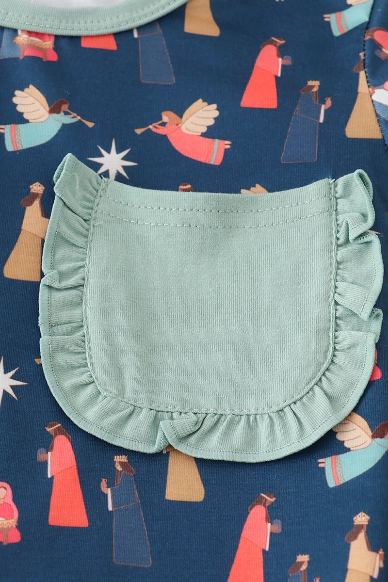 Girls Nativity Christmas Pajama Set with Ruffle Trim - Blue Marc