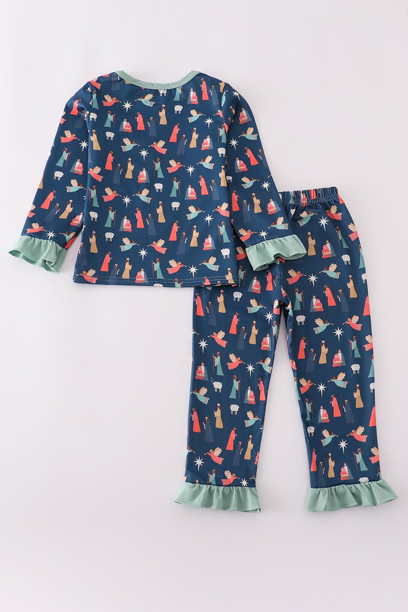 Girls Nativity Christmas Pajama Set with Ruffle Trim - Blue Marc