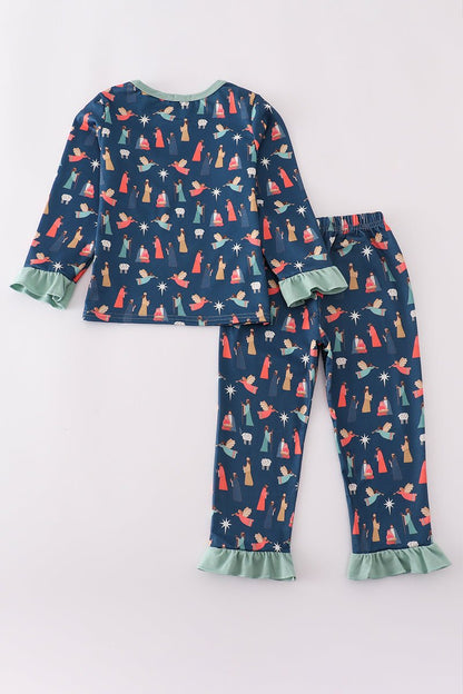 Girls Nativity Christmas Pajama Set with Ruffle Trim - Blue Marc