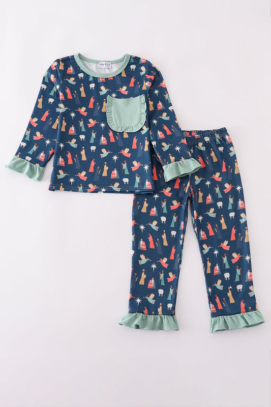 Girls Nativity Christmas Pajama Set with Ruffle Trim - Blue Marc