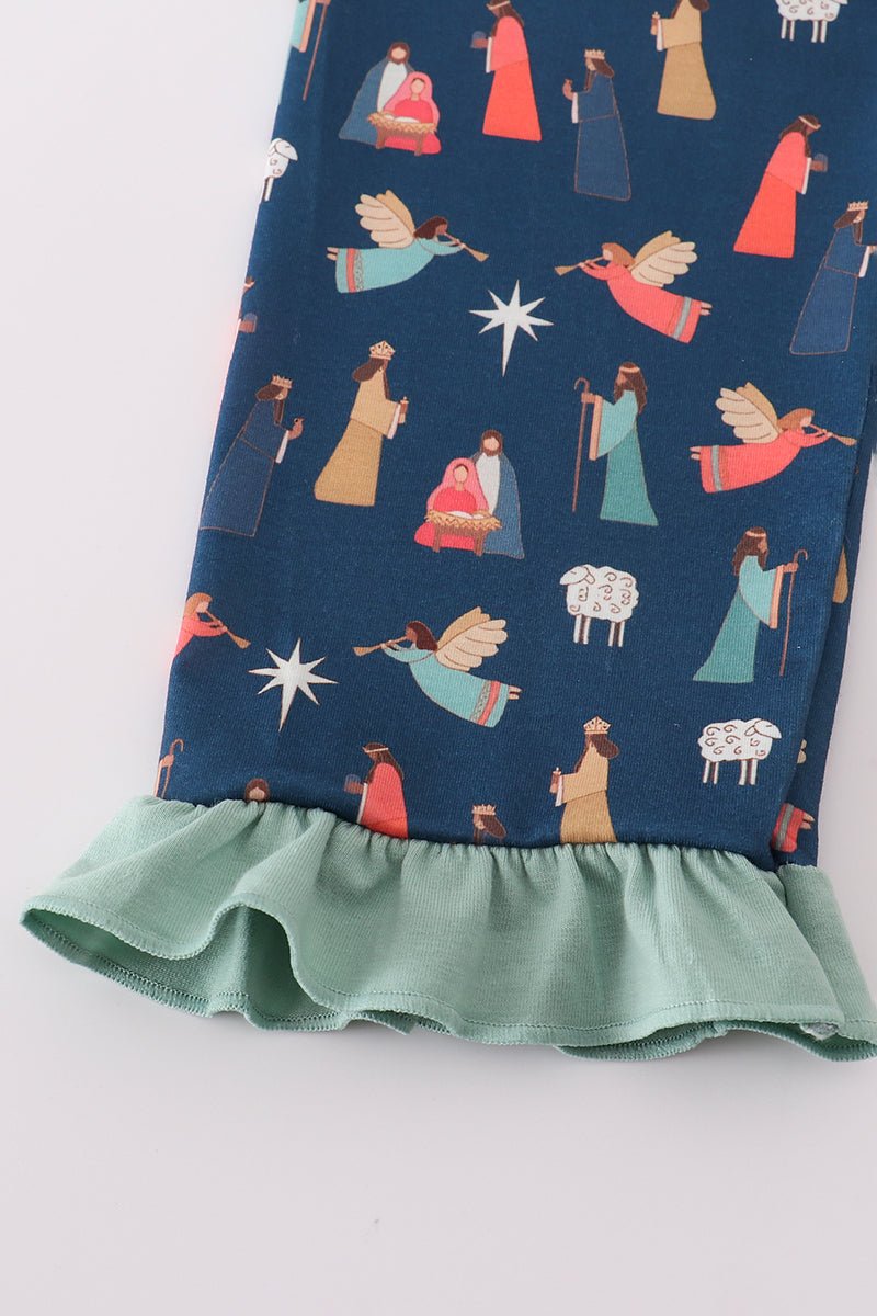 Girls Nativity Christmas Pajama Set with Ruffle Trim - Blue Marc