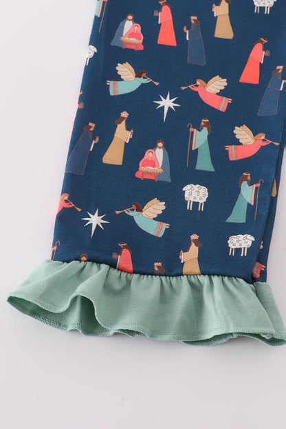 Girls Nativity Christmas Pajama Set with Ruffle Trim - Blue Marc