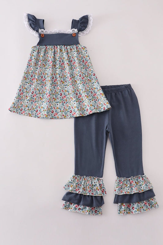 Girls Navy Floral Ruffle Pants Set - Blue Marc