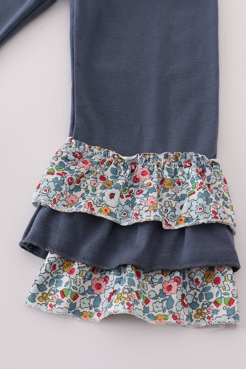Girls Navy Floral Ruffle Pants Set - Blue Marc