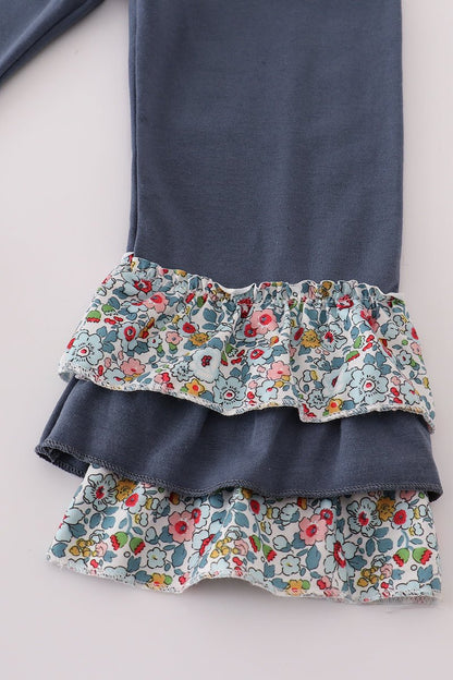 Girls Navy Floral Ruffle Pants Set - Blue Marc