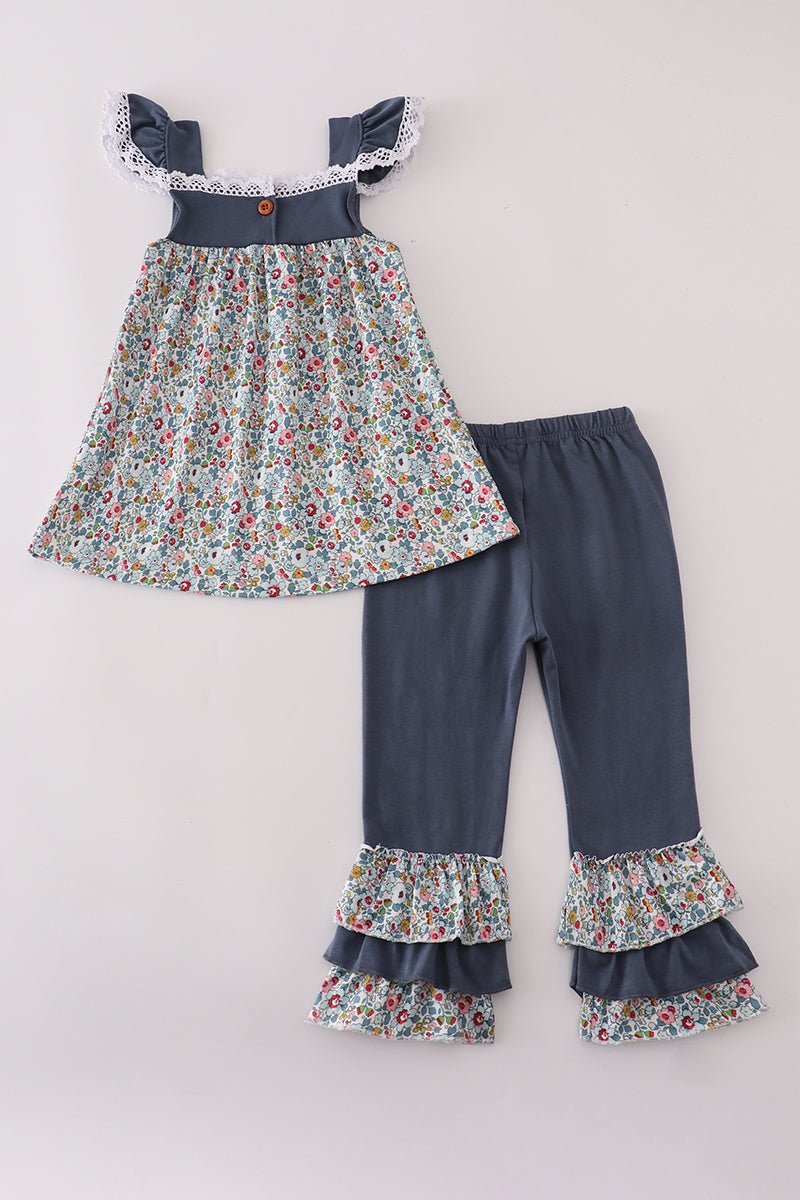 Girls Navy Floral Ruffle Pants Set - Blue Marc