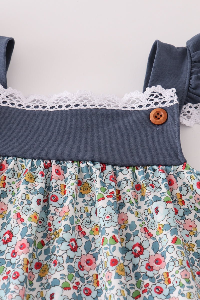 Girls Navy Floral Ruffle Pants Set - Blue Marc