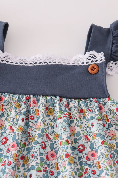 Girls Navy Floral Ruffle Pants Set - Blue Marc