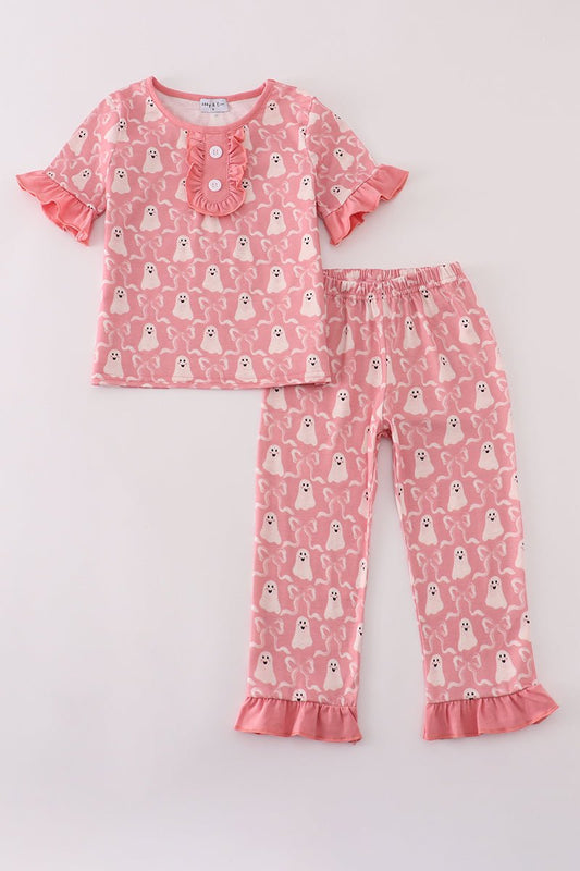 Girls Pink Ghost Halloween Outfit – 2 - Piece Ruffle Pajama Set - Blue Marc