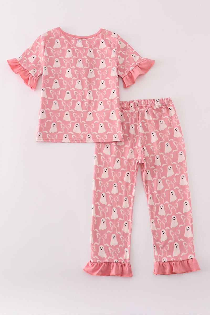 Girls Pink Ghost Halloween Outfit – 2 - Piece Ruffle Pajama Set - Blue Marc