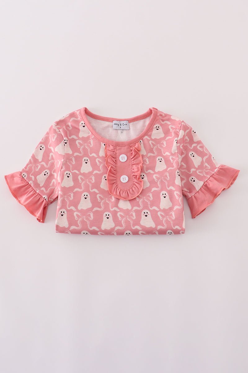 Girls Pink Ghost Halloween Outfit – 2 - Piece Ruffle Pajama Set - Blue Marc