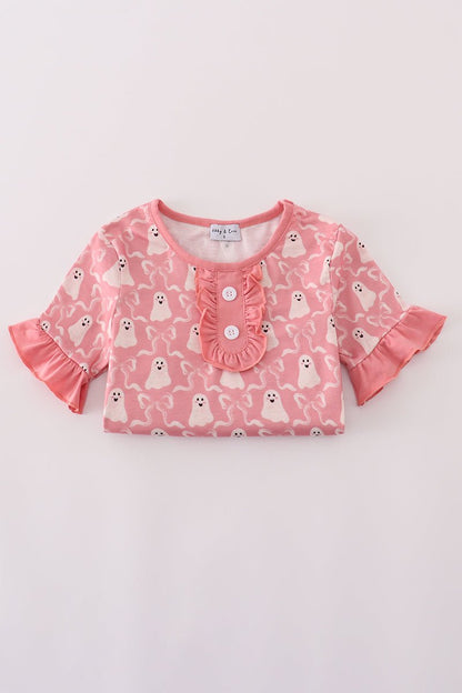 Girls Pink Ghost Halloween Outfit – 2 - Piece Ruffle Pajama Set - Blue Marc