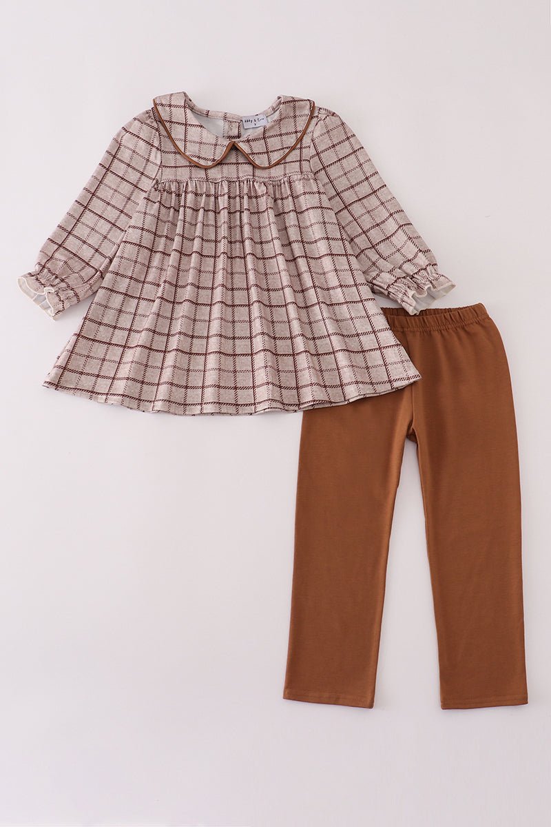 Girls Plaid Peplum Top & Brown Leggings Set – Fall Outfit - Blue Marc