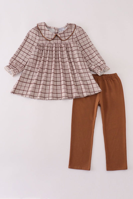 Girls Plaid Peplum Top & Brown Leggings Set – Fall Outfit - Blue Marc