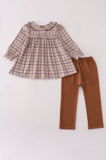 Girls Plaid Peplum Top & Brown Leggings Set – Fall Outfit - Blue Marc