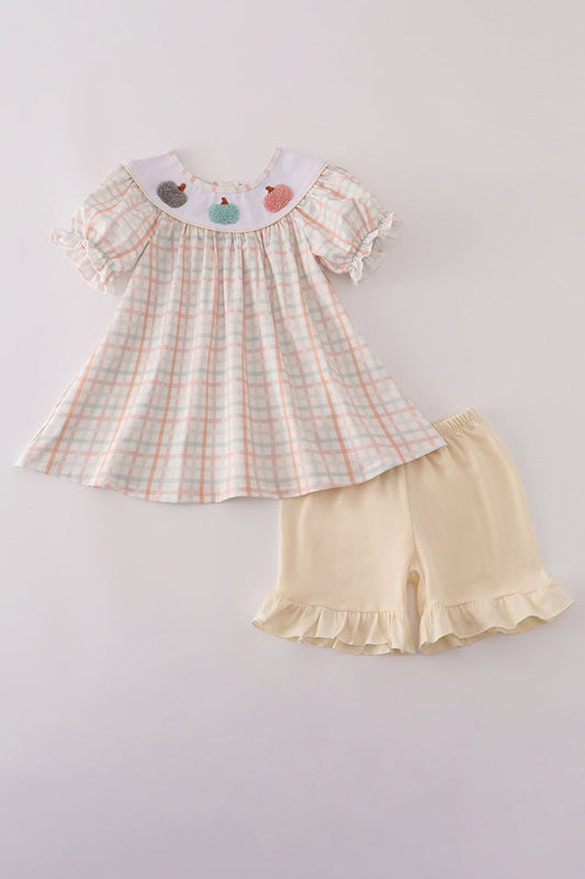 Girls Pumpkin Embroidered Top & Ruffle Shorts Set - Blue Marc