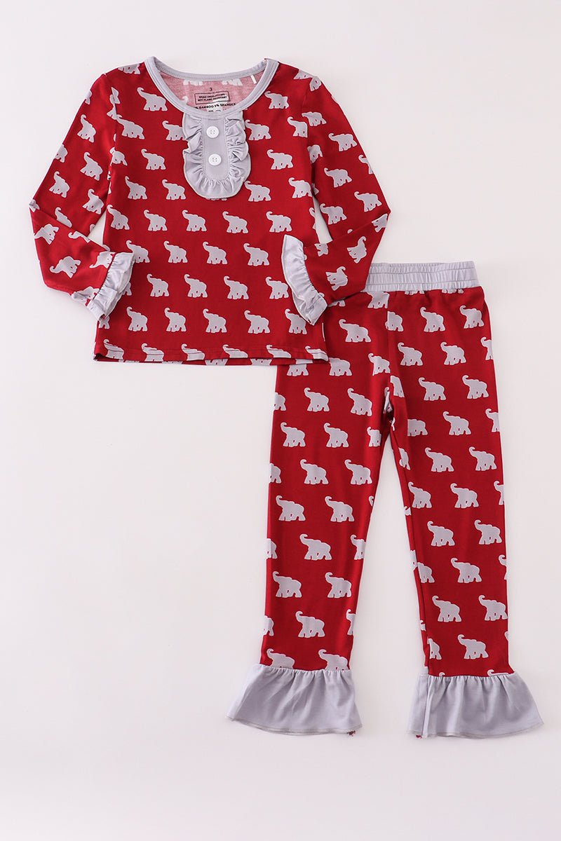 Girls Red Elephant Pajama Set with Ruffle Trim – Cozy Game Day Sleepwear - Blue Marc