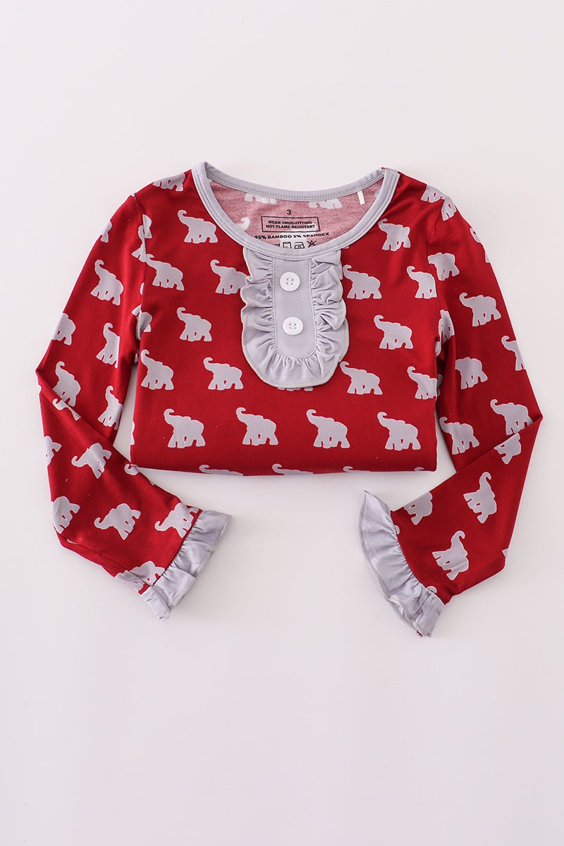 Girls Red Elephant Pajama Set with Ruffle Trim – Cozy Game Day Sleepwear - Blue Marc