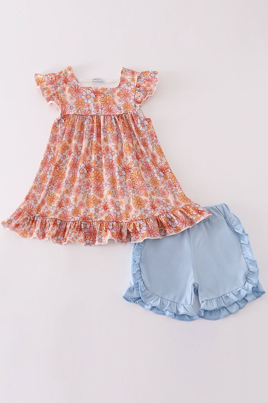 Girls' Ruffle Sleeve Top and Shorts Set – Charming and Playful Outfit - Blue Marc