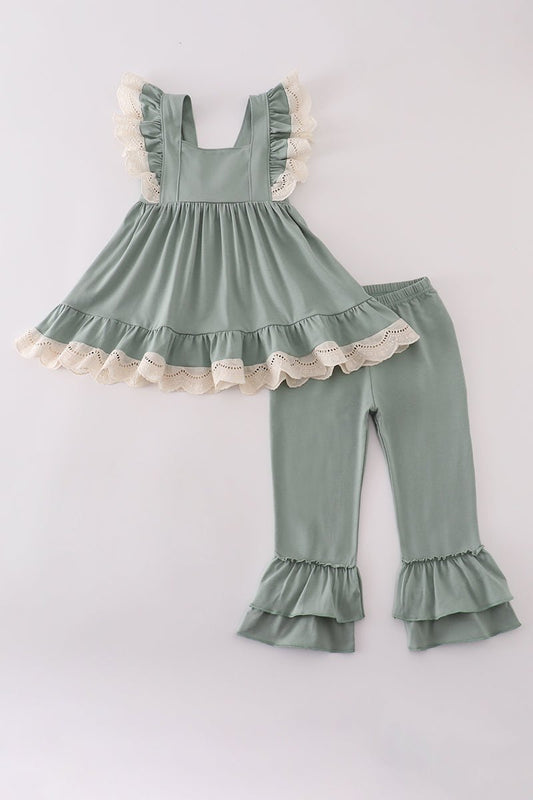 Girls Sage Green Ruffle Top & Pants Set – Elegant Toddler Outfit - Blue Marc