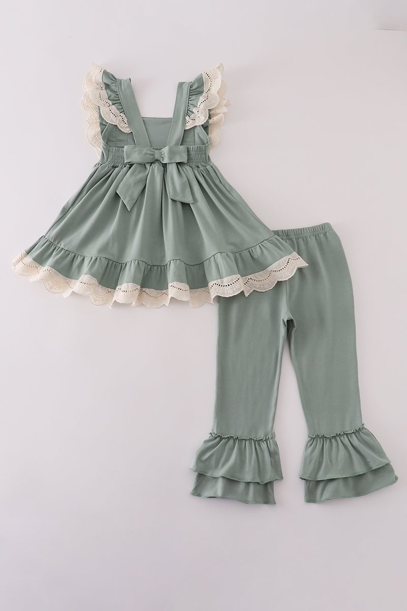 Girls Sage Green Ruffle Top & Pants Set – Elegant Toddler Outfit - Blue Marc