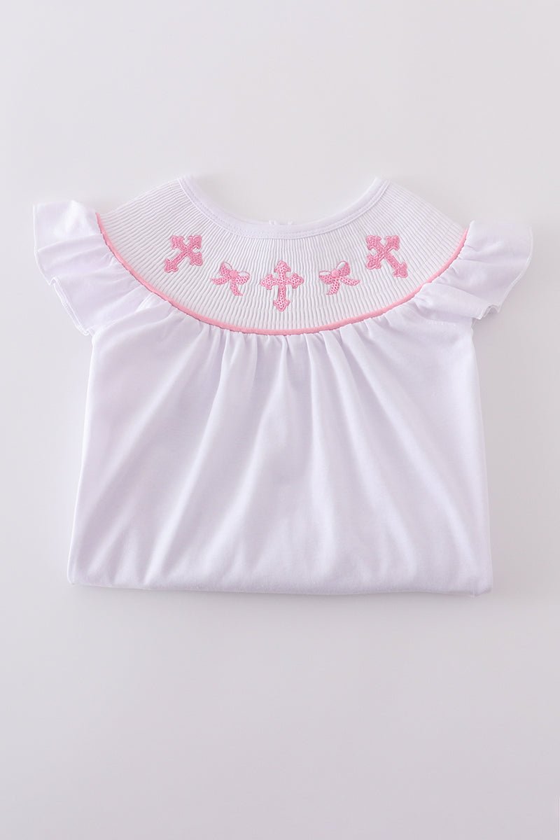 🌸 Girls White Sunday Best Dress with Pink Cross Embroidery – Faith - Inspired Flutter Sleeve Dress - Blue Marc