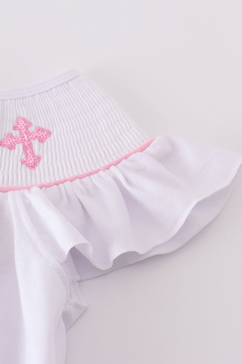 🌸 Girls White Sunday Best Dress with Pink Cross Embroidery – Faith - Inspired Flutter Sleeve Dress - Blue Marc