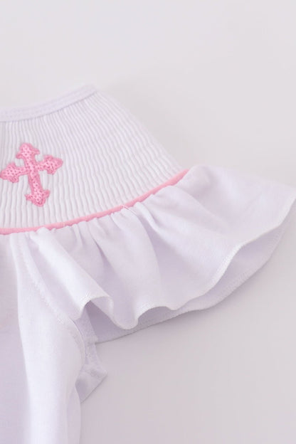 🌸 Girls White Sunday Best Dress with Pink Cross Embroidery – Faith - Inspired Flutter Sleeve Dress - Blue Marc