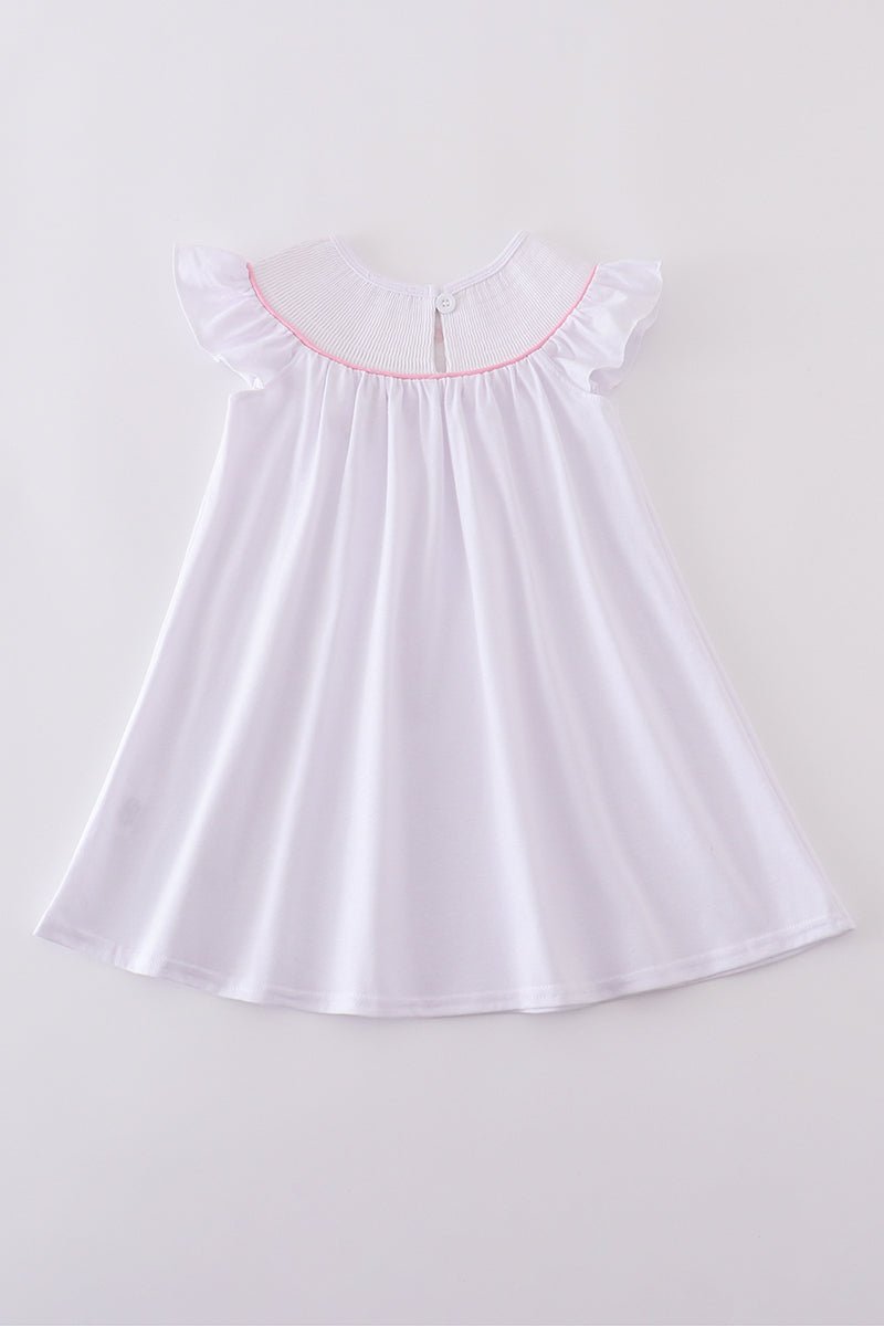 🌸 Girls White Sunday Best Dress with Pink Cross Embroidery – Faith - Inspired Flutter Sleeve Dress - Blue Marc