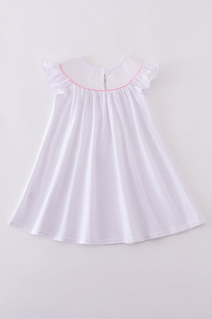 🌸 Girls White Sunday Best Dress with Pink Cross Embroidery – Faith - Inspired Flutter Sleeve Dress - Blue Marc